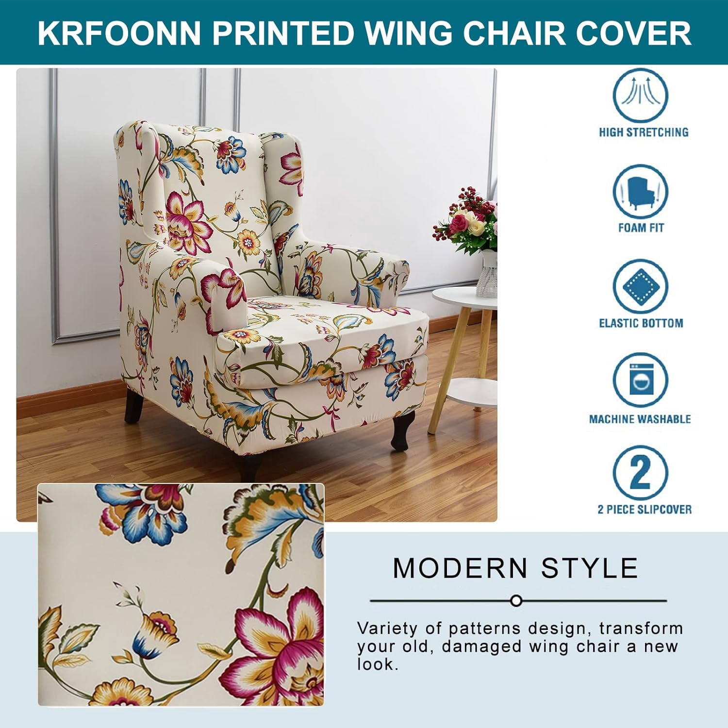 PTSPLLMY Waterproof Wingback Chair Slipcover 2-Piece Stretch Wing Chair Covers Printed Wingback Armchair Slipcover Soft Sofa Covers Furniture Protector Chair Covers for Living Room Armchair, B8