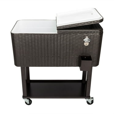 80QT Rattan Square Legs Cooler,Cooler cart with Shelf and  two directional wheels, Cooler for Drink, Beverage, Camping, Picnic