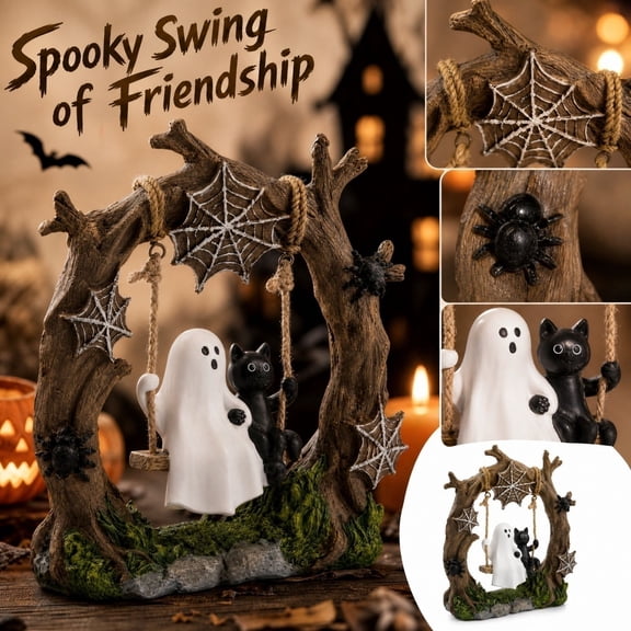 QLUEWX Handmade Resin Ghost & Black Cat Swing Figurine, Halloween Tree Branch Spider Web Tabletop Ornament for Farmhouse Spooky Home Mantel Shelf Window Holiday Party Decor
