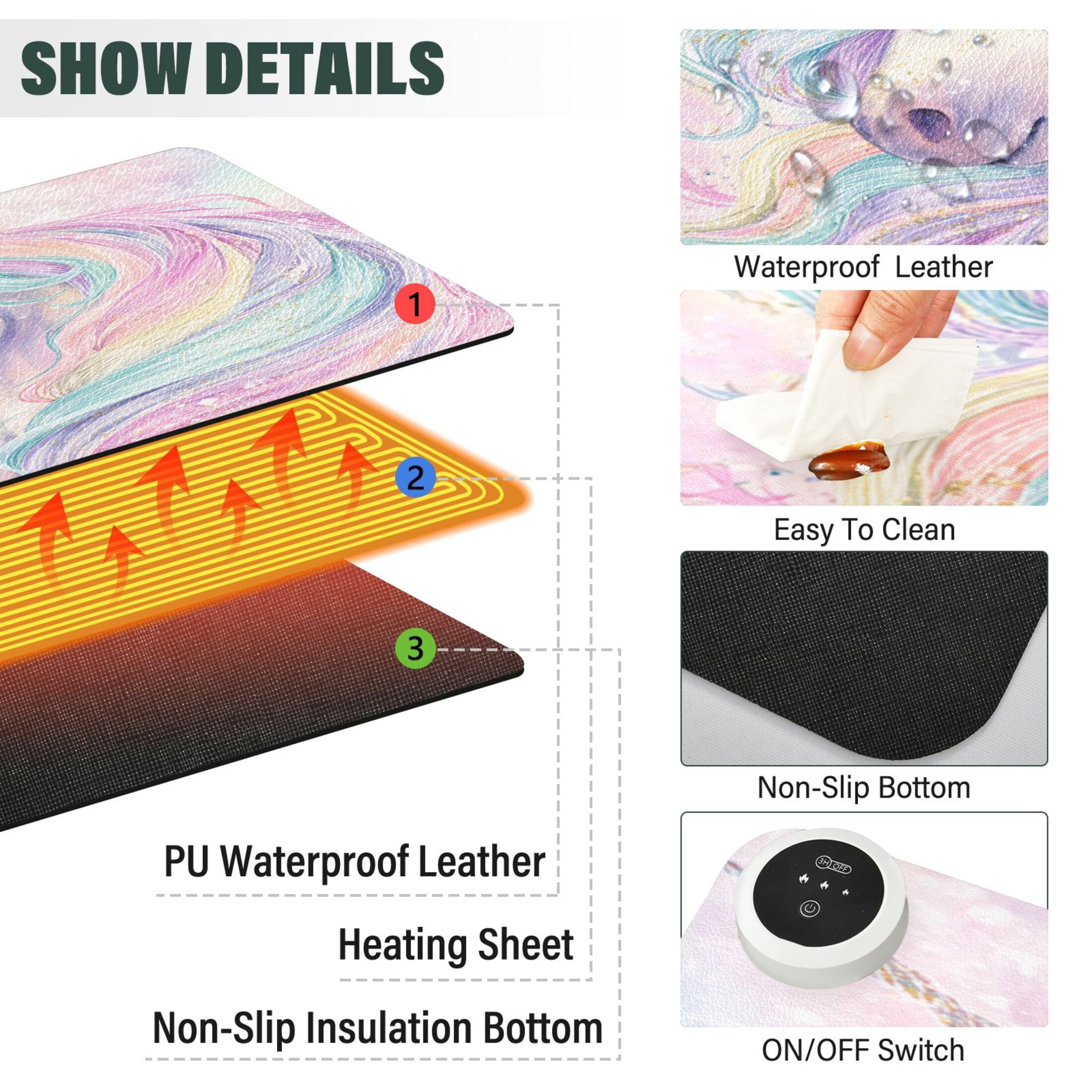 Large Heated Desk Mat Mouse Pad 31.5"x13"PU Leather Graphene Heating Desk Warmer with 3 Temperature Settings 110V US Plug Non-Slip Warm Pad for Home, Office, and Gaming Magical Unicorn Pastel Sky