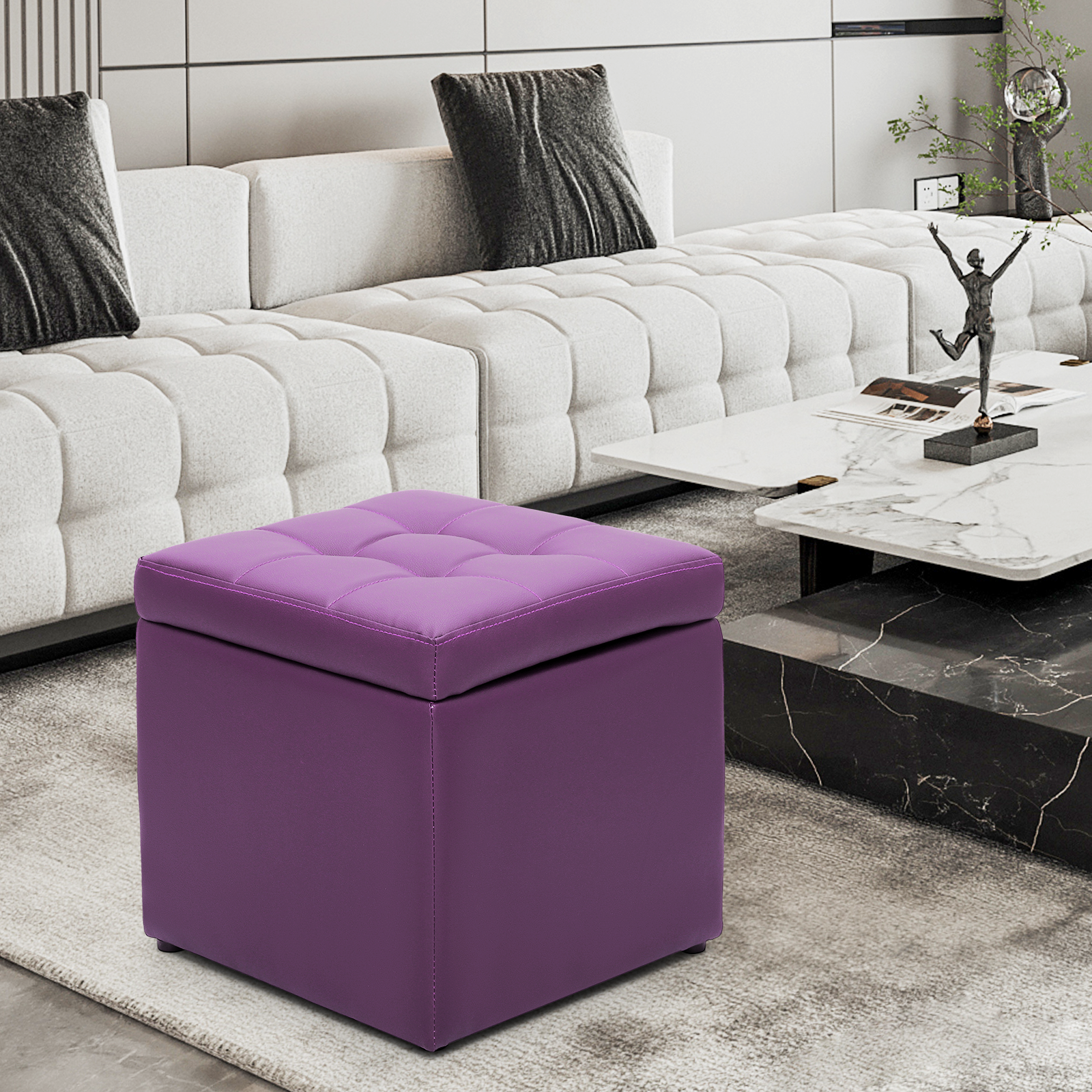 MoNiBloom 16" Square Button Tufted Storage Ottoman, PU Leather Entryway Shoe Bench, Livingroom Lift Top Pouffe Storage Cube Footstool, Purple - image 5 of 9