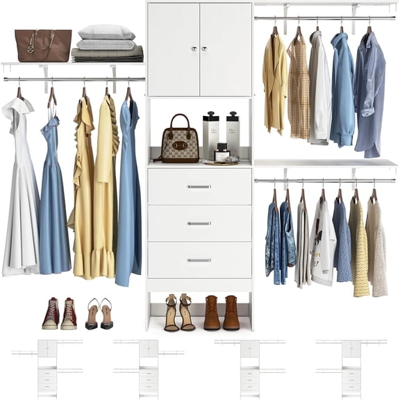 Homieasy 20.2'' - 96'' W Closet System with Wooden Drawers, Door, and Hanging Rods(cut To Fit), White