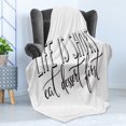 thumbnail image 4 of Eat Dessert First Soft Flannel Fleece Throw Blanket, Simplistic Design Life is Short Eat Dessert First Words Print, Cozy Plush for Indoor and Outdoor Use, 50" x 60", Charcoal Grey White, by Ambesonne, 4 of 5