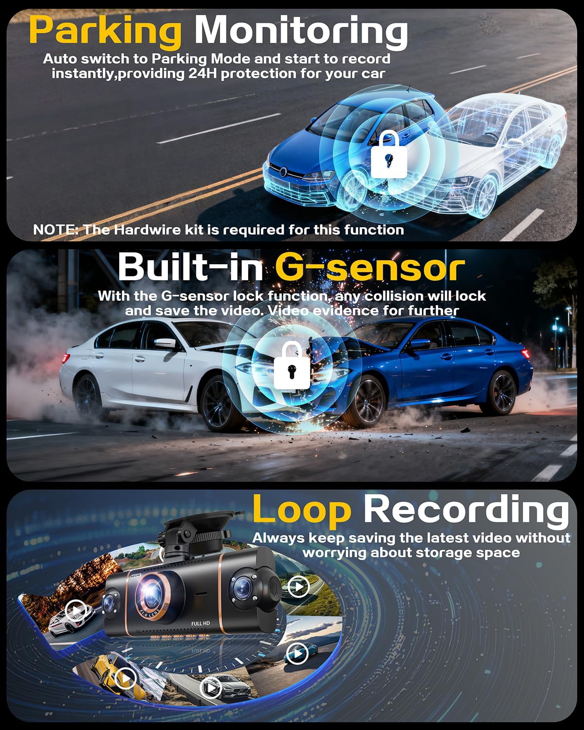 4 Channel 360° Dash Cam Front Rear Inside Left Right, 4K+1080P×3 FHD Car Camera with 8 IR Night Vision, 5GHz WiFi & App Control, 24H Parking Mode, G-Sensor, Loop Recording, 32GB SD Card Included