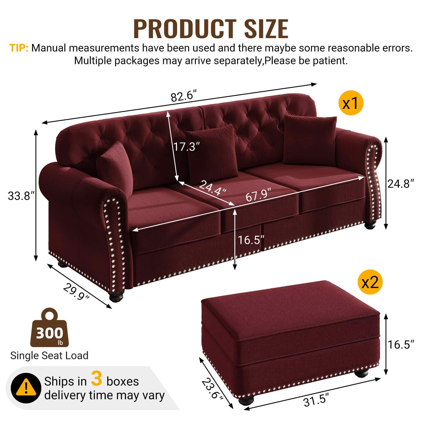 MAYEERTY 82.6 Inch Velvet Chesterfield 3‑Seater Sofa Set, Mid‑Century Modern Couch with Button Tufting, Nailhead Trim, Rolled Armrests, 3 Pillows and Ottoman for Home Living Room