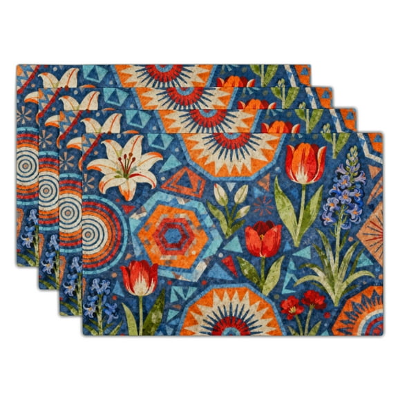 ABSOP Boho Floral Placemats 12x18 Inch Durable Linen Place Mats Set of 4 For Home Daily Table Decoration