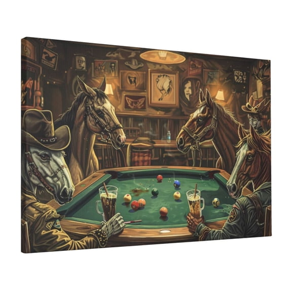16x24 inchPlaying Billiards With Cowboy Horses Frameless Canvas Painting,Billiards Room Decor Accessory,Tavern,Man Cave,Bedroom,Billiards Room Decor Paintings Prints,Gift For Billiard Lovers