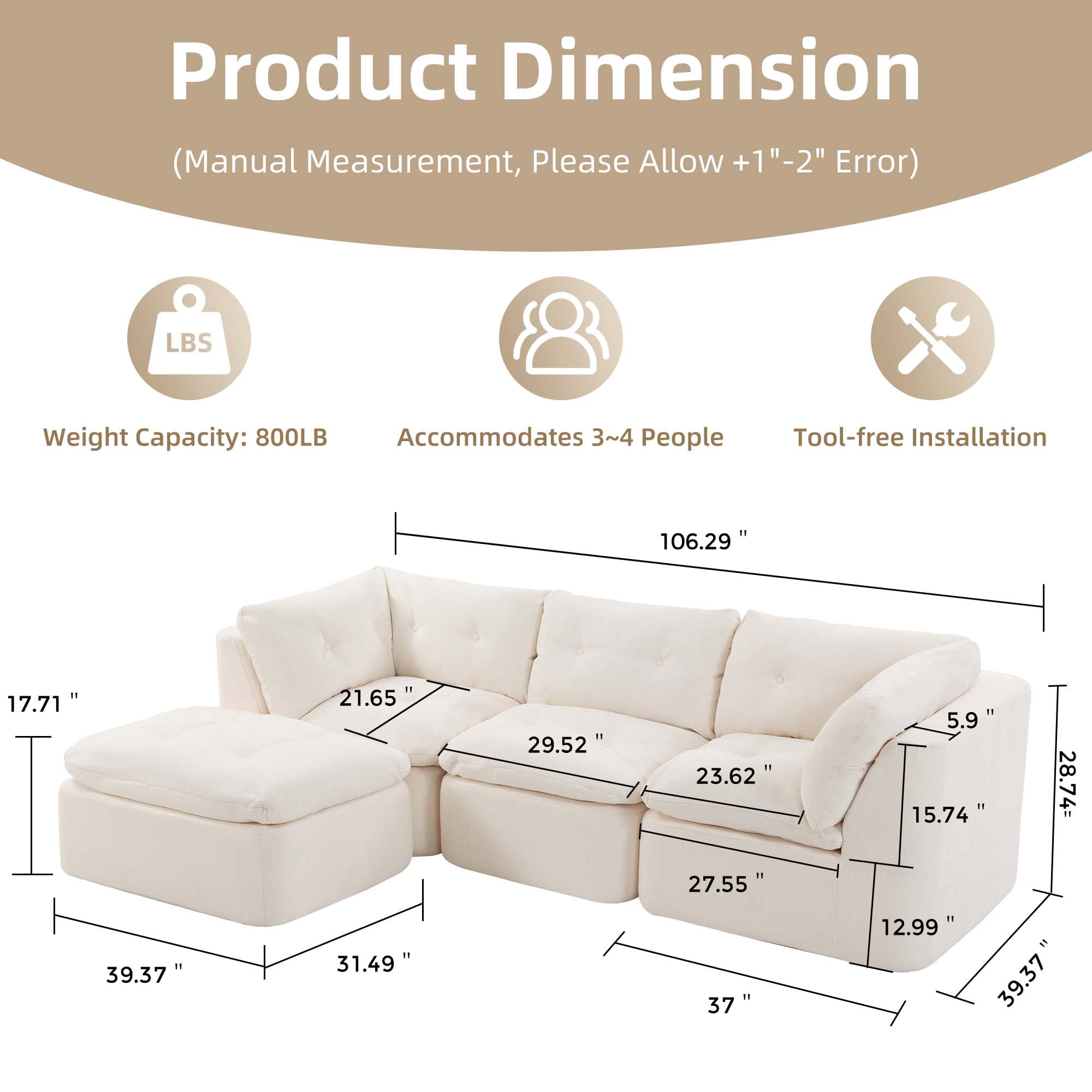106.29" Sectional Sofa, 3 Seater Modular Sectional Floor Sofa with Ottoman, Chenille Cloud Couch for Living Room, Deep Seat Sofa, Beige