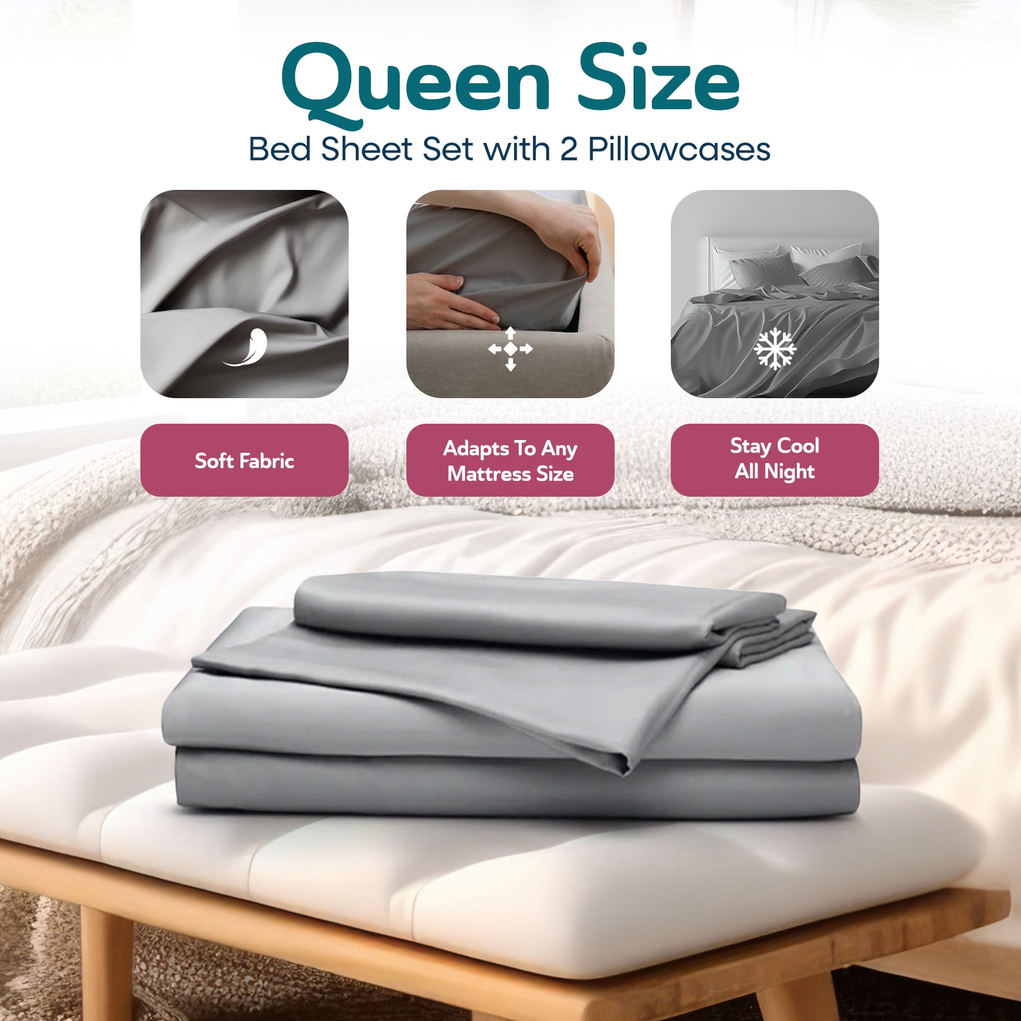 Sleepgram Viscose from Bamboo Queen Bed Sheets w/2 Pillowcases, Grey Stone