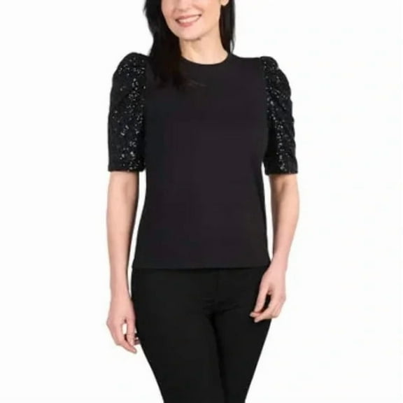 Hillary Radley Women's Sequin Blouse Top Black XL