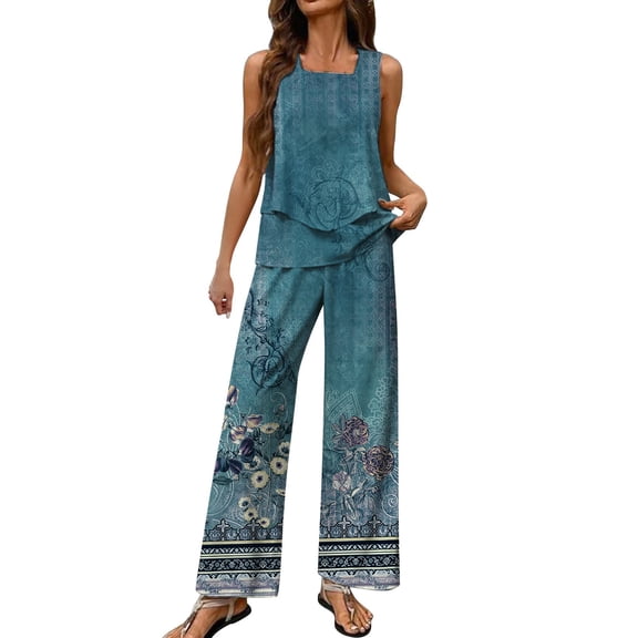 Nmmued Pants Sets Women 2 Piece Outfits, Summer Sets for Women, Loose Fitting Tank Tops for Women, Wide Leg Pants Woman, Travel Outfits for Women, Blue L