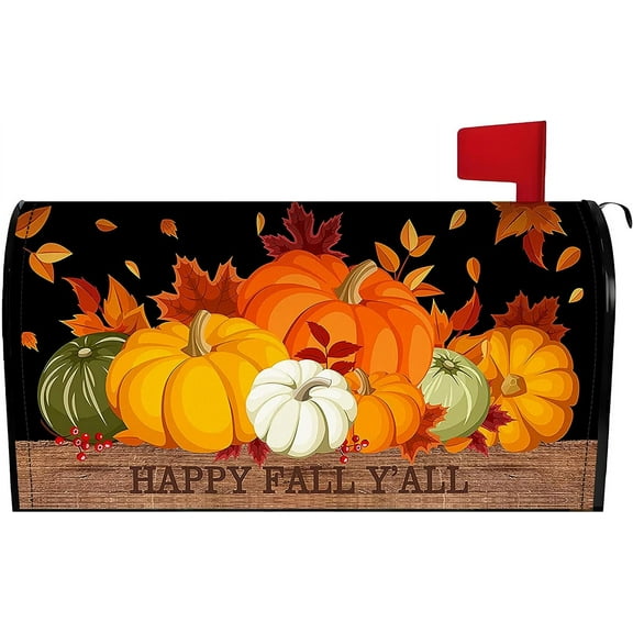 Fall Pumpkin Mailbox Cover 21x18 Inch, Happy Fall Y''all Post Letter Box Covers, Autumn Harvest Thanksgiving Magnetic Waterproof Mail Wraps for Outdoor Yard Garden Standard Mailbox Decor