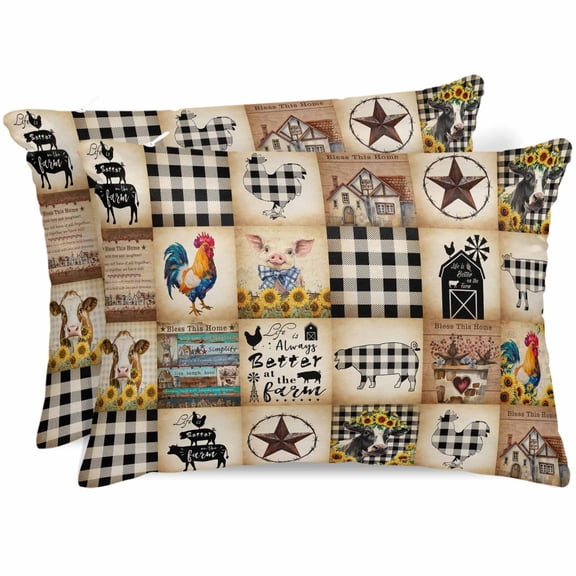 Animals Farmhouse Satin Pillowcase for Hair and Skin with Zipper, Soft Breathable Cooling Silk Pillow Cases, Vintage Farm Country Star Brown Plaid Throw Pillow Covers Standard Size 20"x26" Set of 2