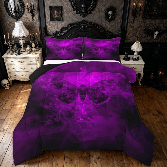 Feelyou Halloween Moth Full Size Comforter Sets, Spooky Butterflu Animal Bedding Comforter Set, Violet Purple, Black Reversible, 3-Piece, 1 Comforter and 2 Pillowcases