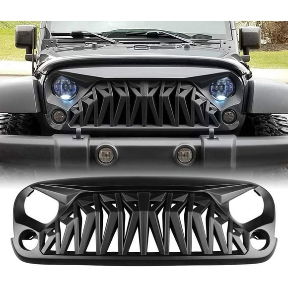 Tecman Front Matte Black Grille w/Mesh Insert for Jeep Wrangler Rubicon Sahara Sport JK JKU 2007-2018 (Matte Black Shark)