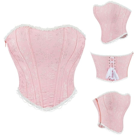 BiZtdJrK Women s Corsets Lace Up Boned Overbust Corset Bustier Lingerie Floral Embroidery Tube Tops Bodyshaper Top Todays Sale Pink M