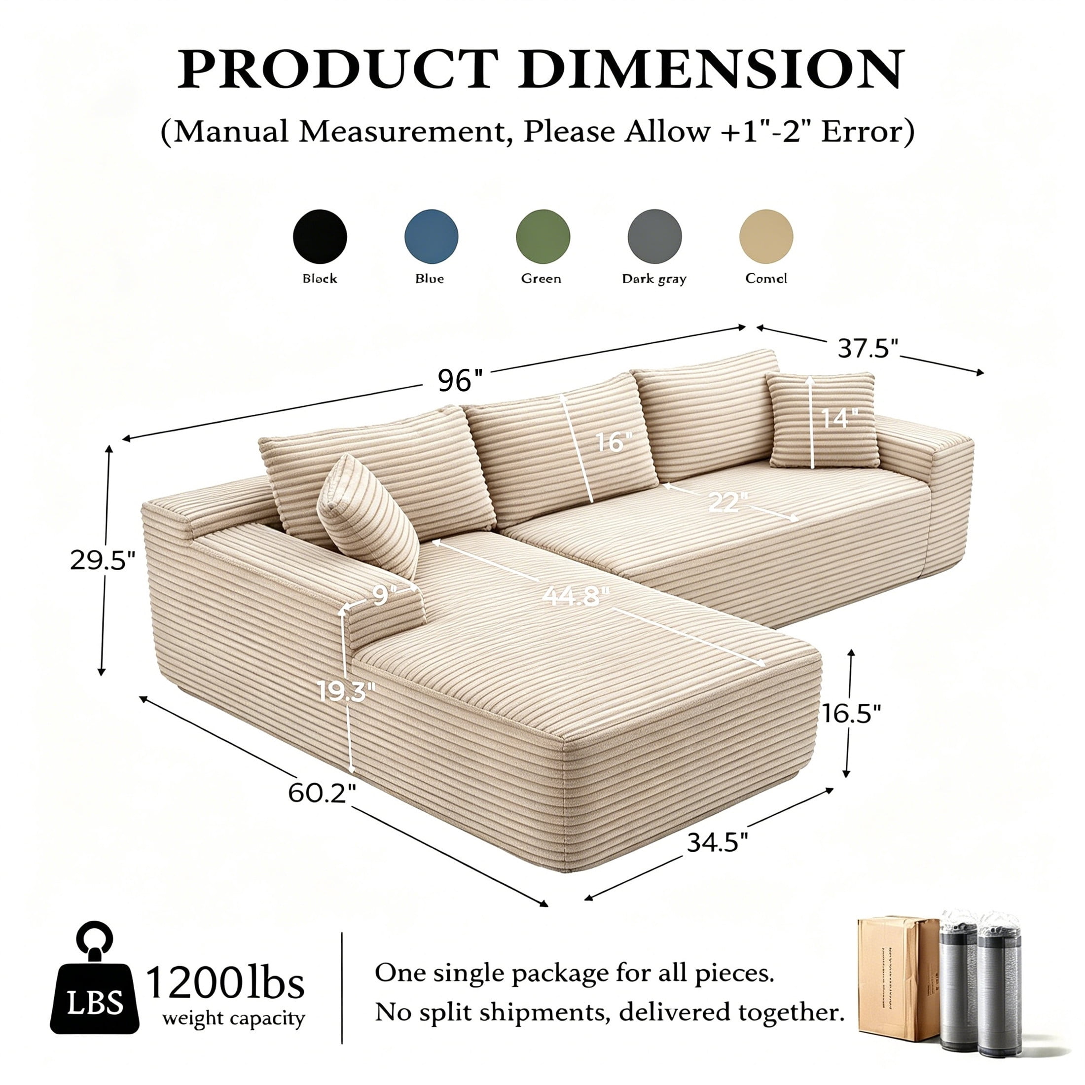 Aukfa 96" Cloud Sectional Sofa Deep Seat Boneless Couch Modular L-Shaped Couch, Left Chaise Corduroy Sofa for Living Room, Camel