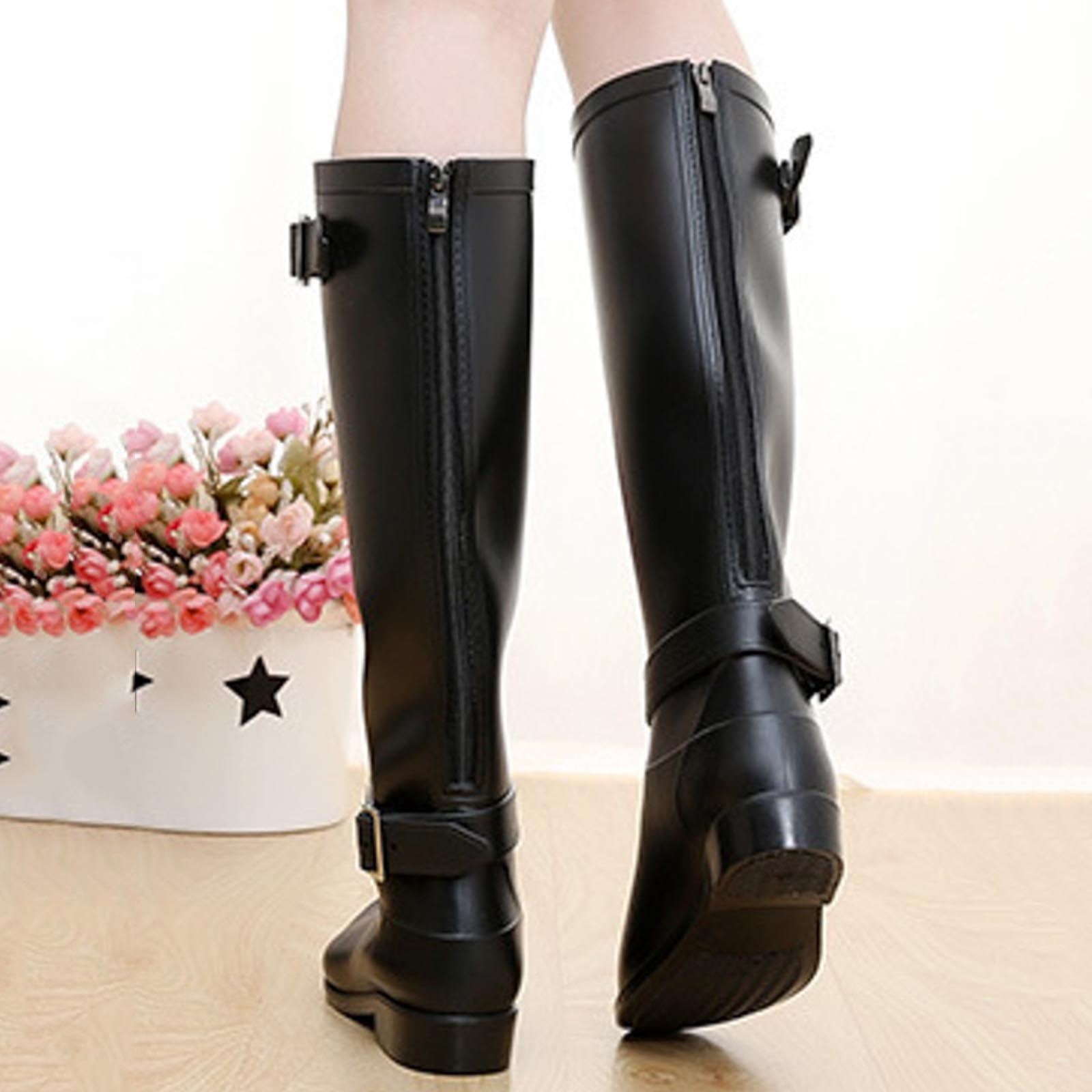 IUJSOY Womens Rain Boots Knee-high Waterproof Narrow Calf Rubber Tall Fishing Boots for Garden