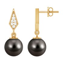 Rosec Jewels 9.25 CT Diamond Earrings with Tahitian Pearl Drop, Pearl and Diamond Art Deco Earrings, Pearl Earrings with Diamond in Illusion Setting, 10K Yellow Gold