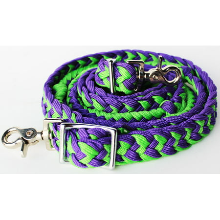 Horse Saddle Knotted Roping Western Barrel Reins Nylon Braided Lime Purple