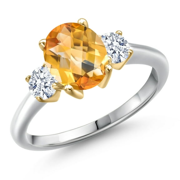Gem Stone King 925 Silver and 10K Yellow Gold Yellow Citrine and White Zirconia Engagement Ring for Women | 2.15 Cttw | Oval Checkerboard 9X7MM | Gemstone November Birthstone | Size 8