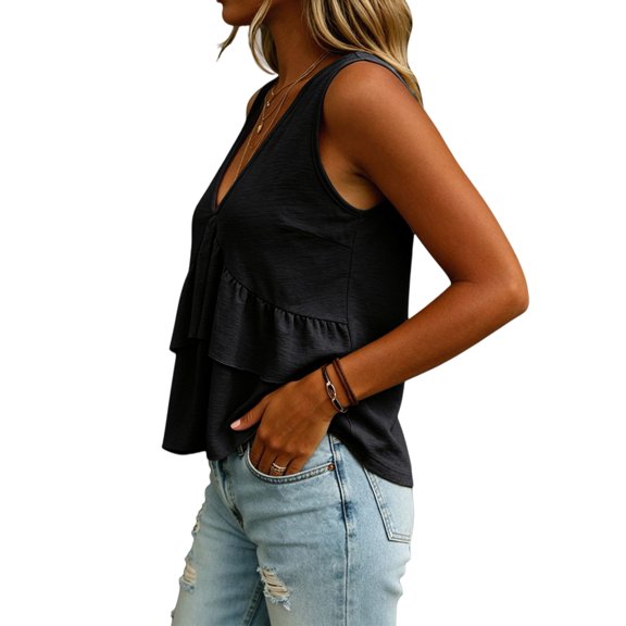 Women V Neck Ruffle Hem Tank Top Sleeveless Flowy Peplum Blouse Casual Black S