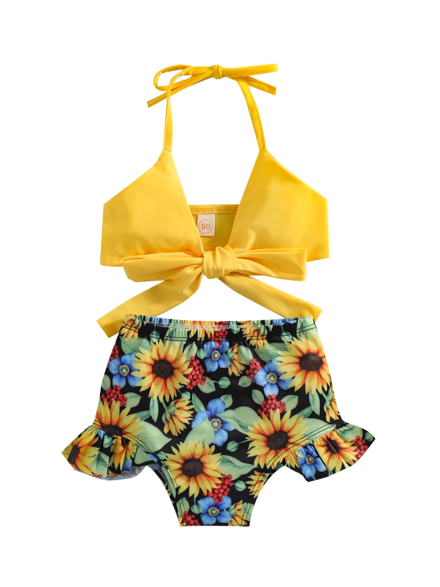 Tiny Cutey Infant Baby Girl Bikini Swimsuit Sunflower 3 Piece Bathing Suit Halter Top Bikini Bottoms Swimming Suit 