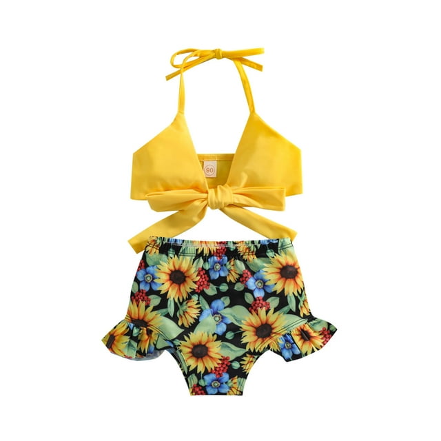 Mialoley Baby Girls Swimming Halter Bikini Tops + Shorts, Sunflower Pattern Bowknot Summer Clothing