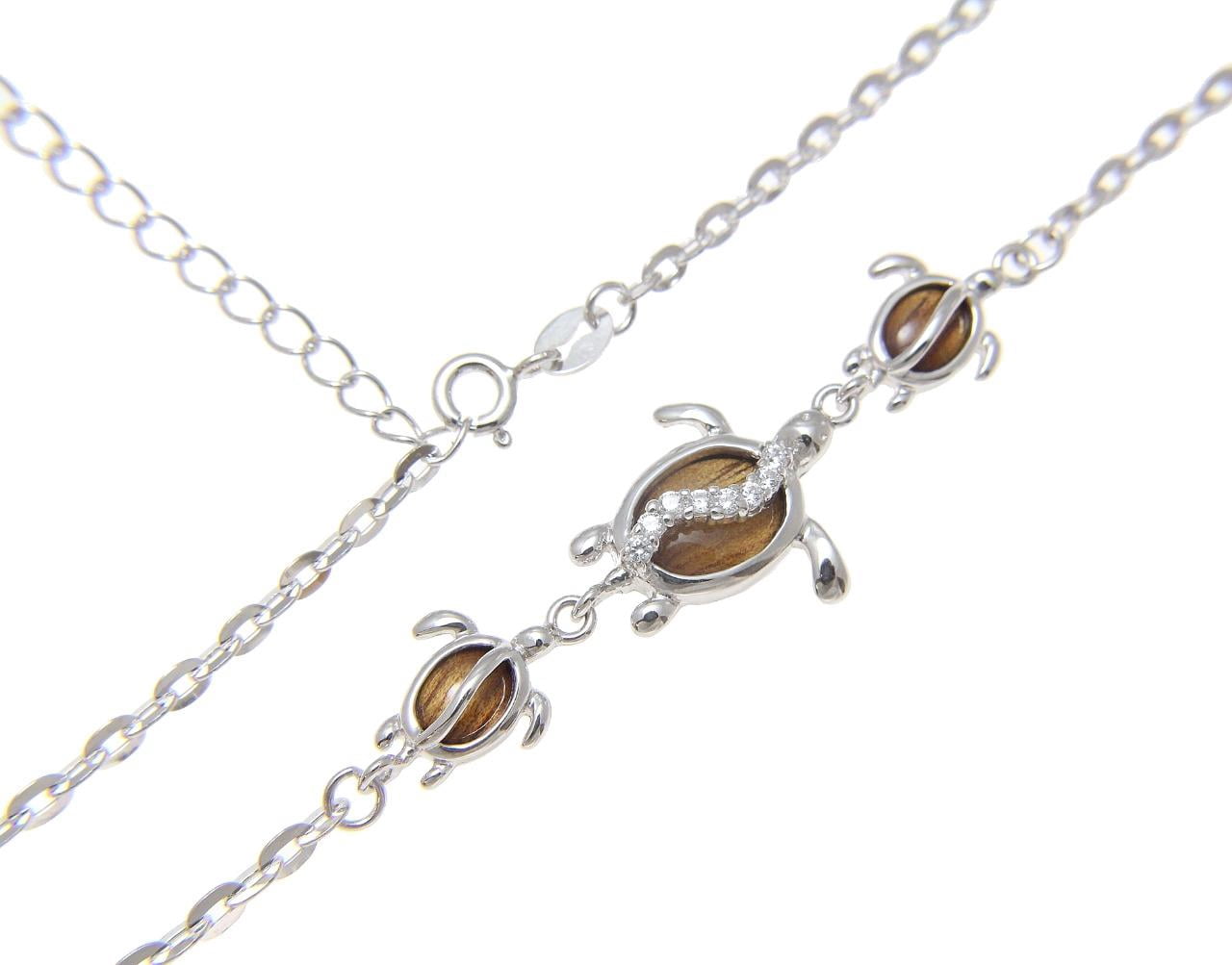925 sterling silver Hawaiian koa wood cz honu turtle anklet 9" plus extension