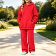 thumbnail image 4 of Kids Solid Fleece Hoodie 2 Piece Outfit Long Sleeve Hooded Top & Wide Leg Pants Set Warm Casual Tracksuit for 5-14 Years Old Boys Girls Outdoor Daily Wear Red, 4 of 6