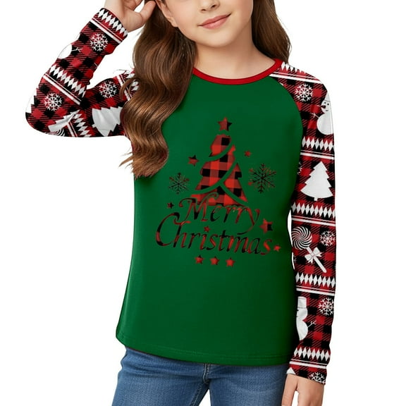 XEGLSBU Boys Long Sleeve Shirts Size 7 Print Long Sleeve Round Neck Top for Girls Festive Holiday Party Wear Soft Casual Blouse for Toddler Green Size 5-6 Years