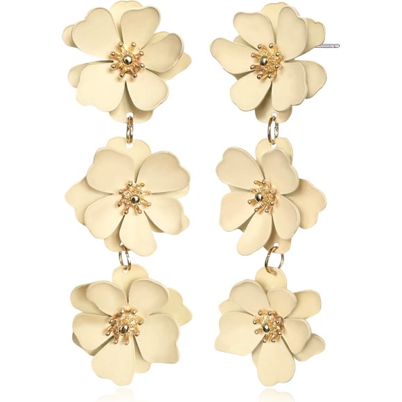 shiyou-Elegant Bohemian Matte Tiered Triple Flower Dangle Drop Earrings Chic Charm Cute Long Floral Stud Earrings for Women Girls Statement Jewelry Gifts