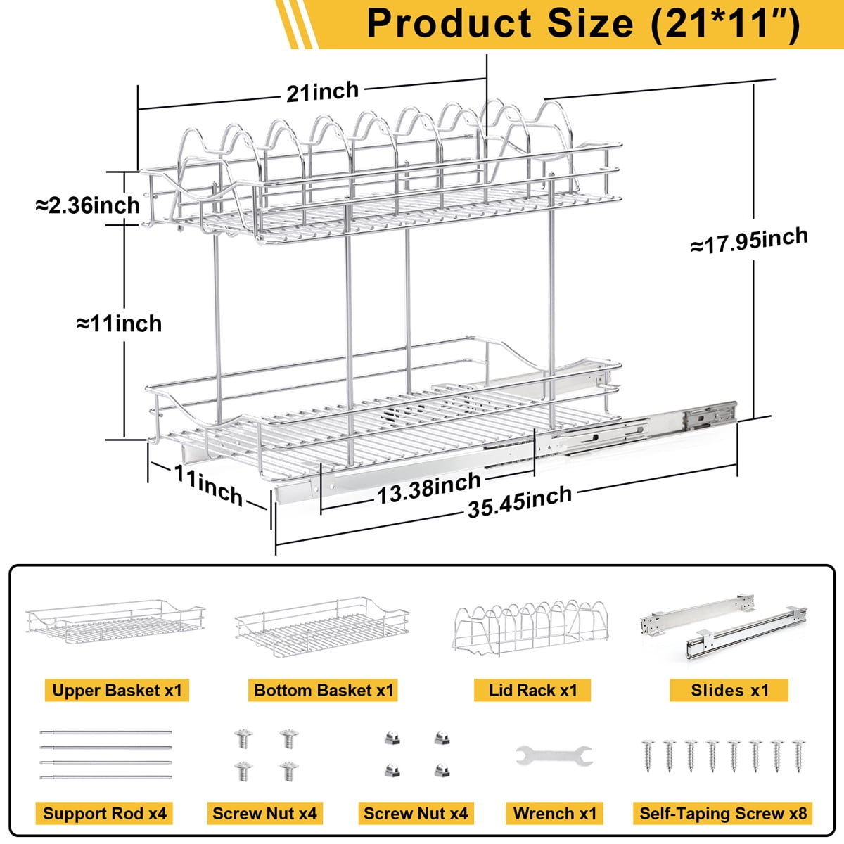 FULGENTE Pull Out 2-Tier Lid Cookware Cabinet Organizer