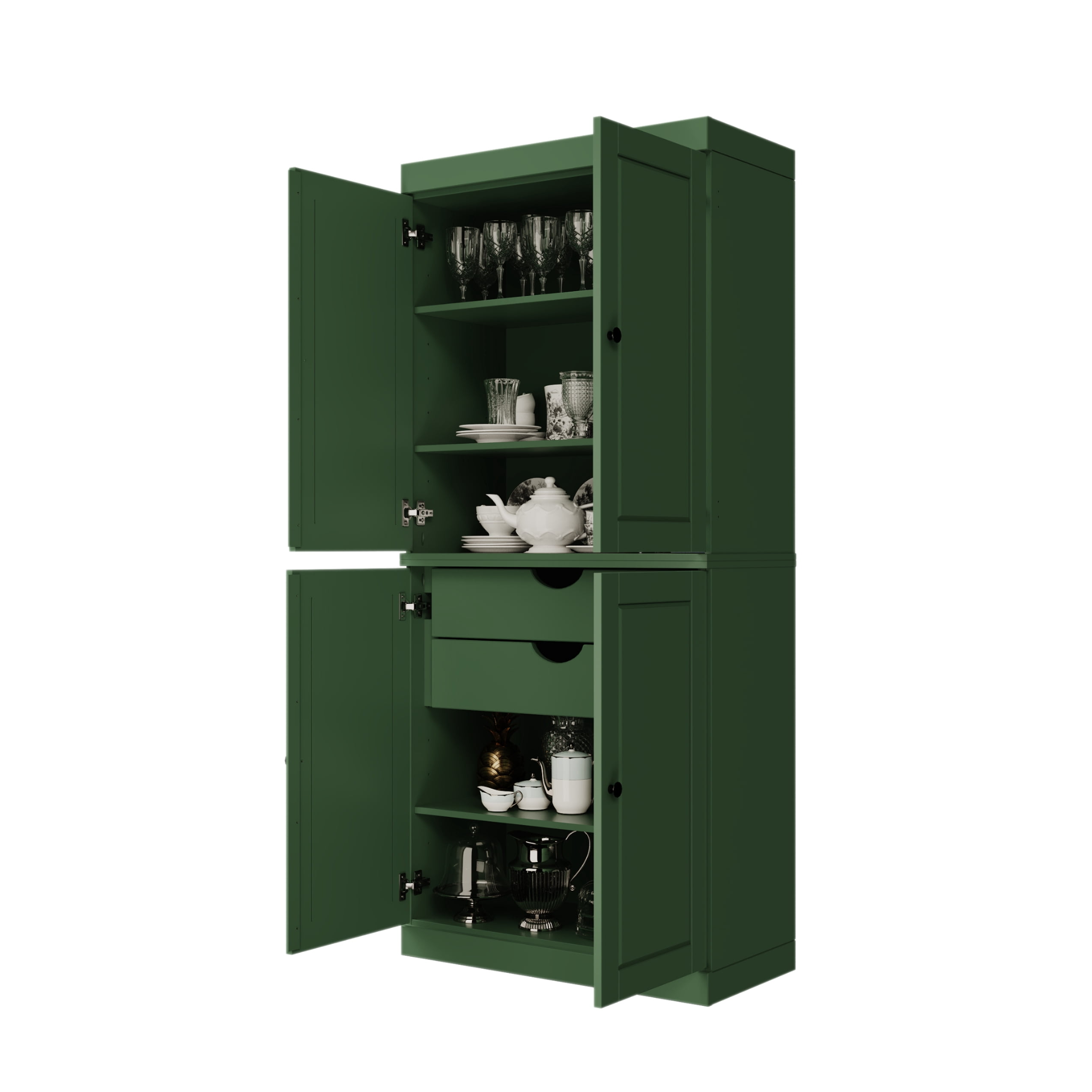 Palace Imports 100% Solid Wood Kitchen Pantry Storage Cabinet with Doors, Adjustable Shelves and 2-Drawers, Green