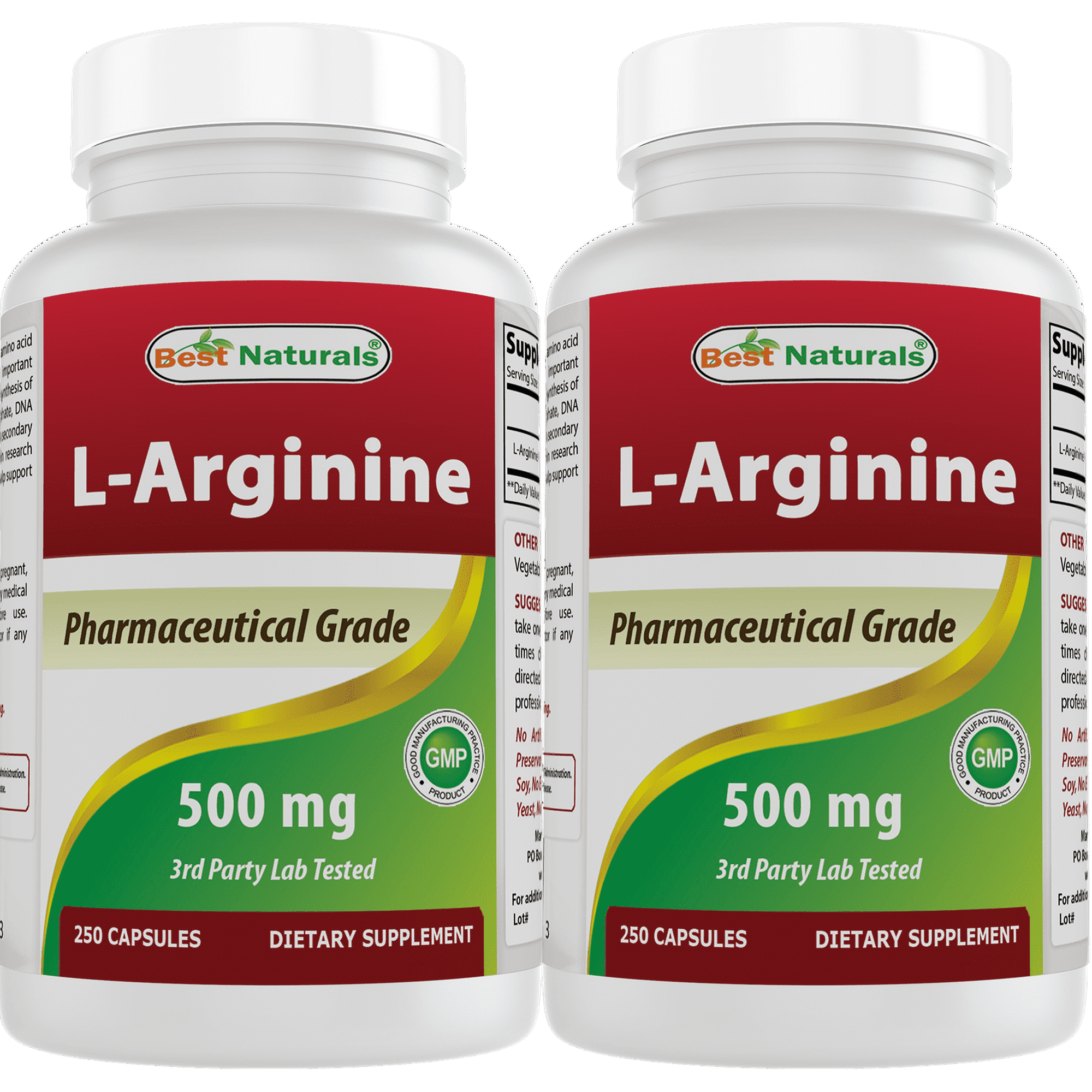 2 Pack Best Naturals L-Arginine 500 mg 250 Capsules