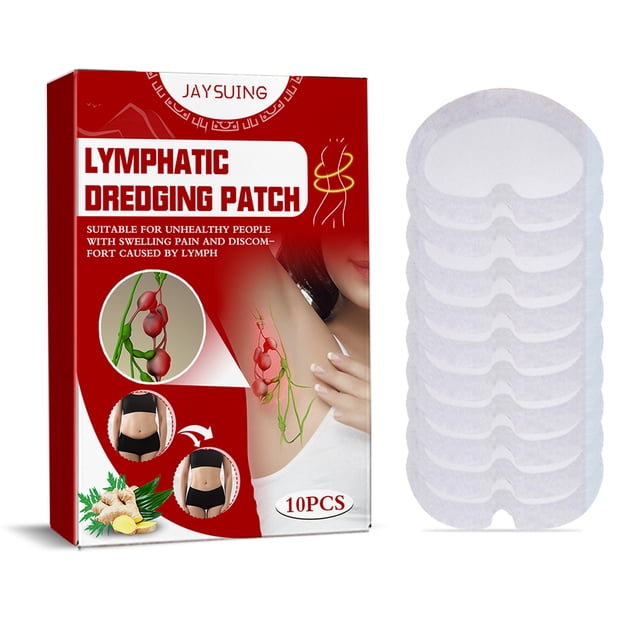 guardurnaity 10 unids/caja de parches para axilas para hombres y mujeres, pegatinas desintoxicantes para eliminar grasa para adultos, removedor de protección de la piel caja roja con texto 'Lymphatic Dredging Patch' y 10 parches adhesivos ovalados blancos apilados; empaque muestra ilustraciones de linfa en axila y abdomen, material tela no tejida, dosificación sugerida 4–5 veces/semana por 8 horas, 10 piezas por caja; a menudo se usan también como adhesivo de soporte temporal durante ejercicio ligero.