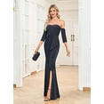 thumbnail image 3 of Wedding Dress Wedding Guest Dresses for Women Bright Knit Dress with Slit Evening Dress Sexy Open Shoulder Party Bridesmaid Dress Navy, 3 of 7