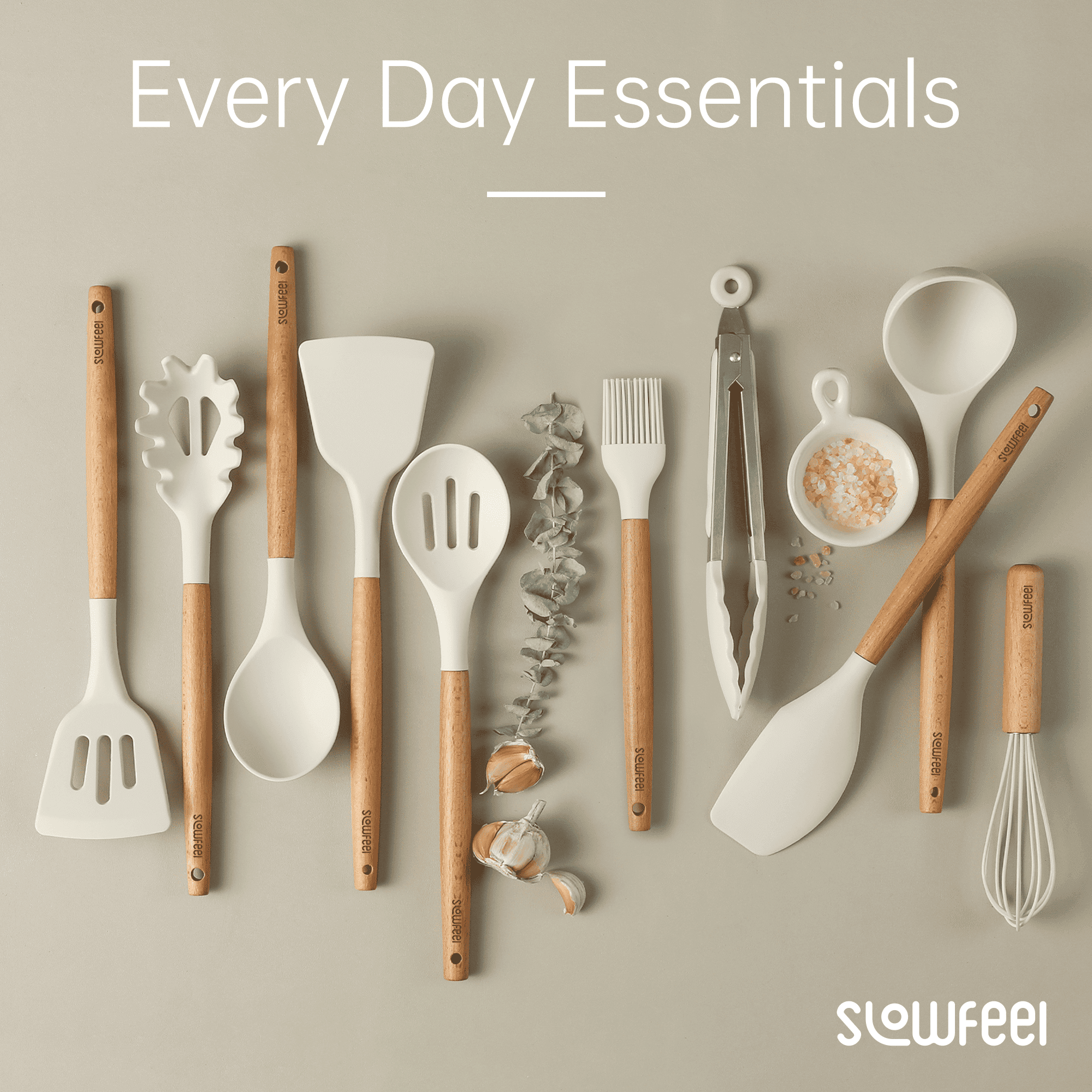 Slowfeel 32-Piece Silicone Kitchen Utensil Set with Holder, Heat Resistant Kitchen Gadget Set for Nonstick Cookware, 10 Hooks Included, White