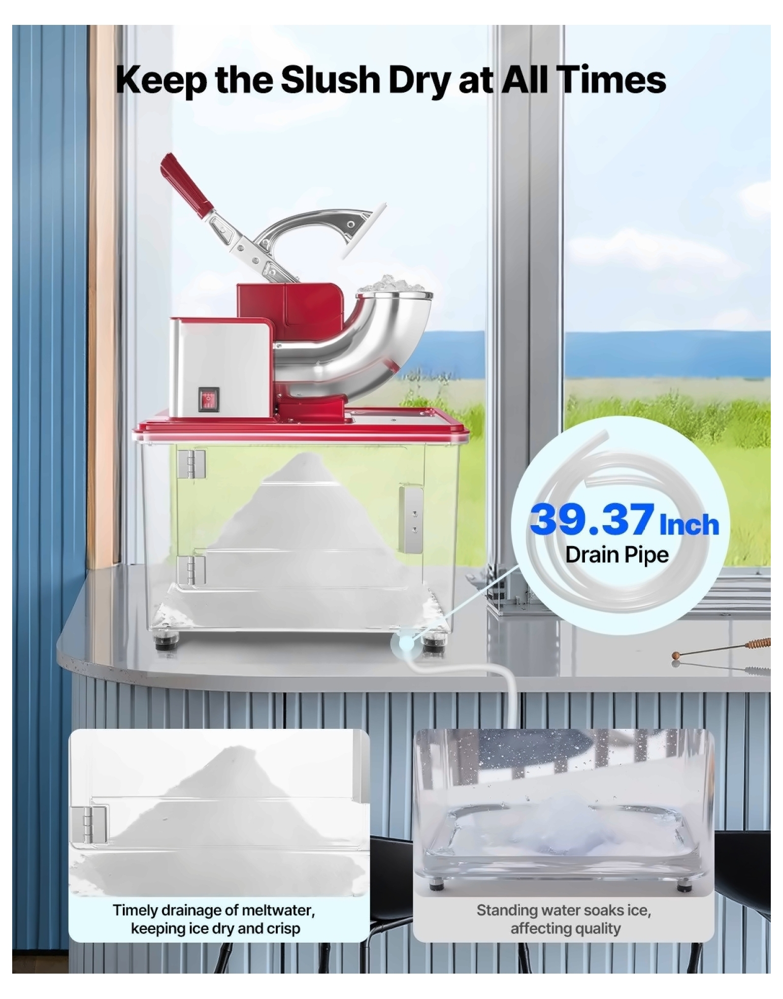 Commercial Ice Crusher 661LBS/H Electric Snow Cone Maker - Heavy Duty Shaved Ice Machine - 50L Capacity - Red