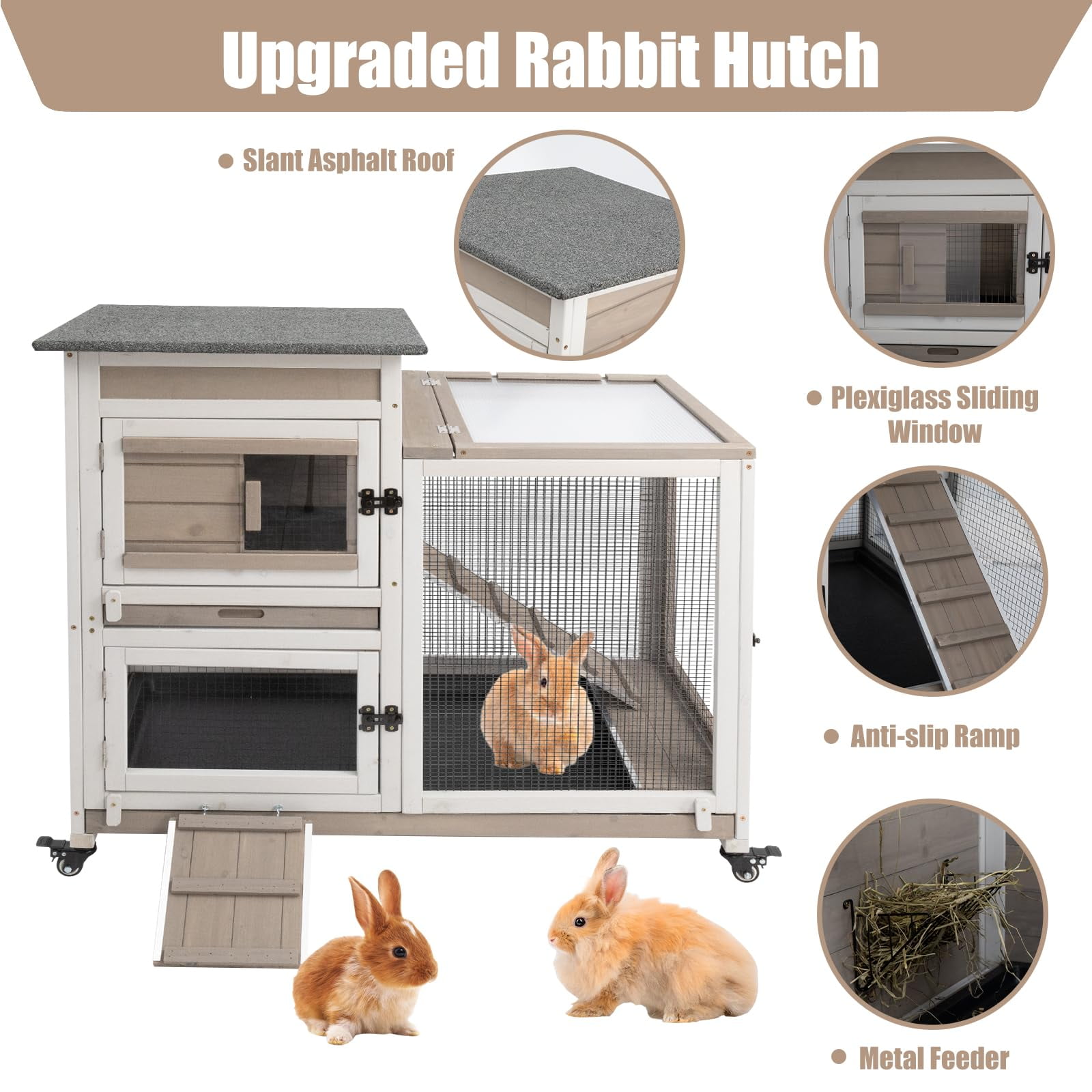 Rabbit Hutch Indoor Outdoor 40 Inch Large 2 Story Wooden Bunny Cage with Run, 4 Lockable Wheels & Deep Trays, UV Proof Panel Pet House for Rabbits Guinea Pigs Small Animals, grey