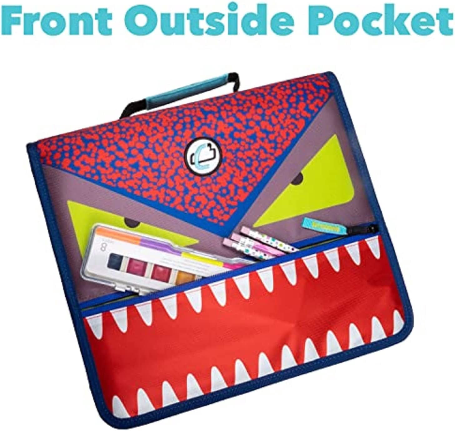 Case-it The Dual 2-in-1 Zipper Binder - Two 1.5 Inch D-Rings - Includes Pencil Pouch - Multiple Pockets - 600 Sheet Capacity - Comes with Shoulder Strap - Monster Design Dual-101-ME