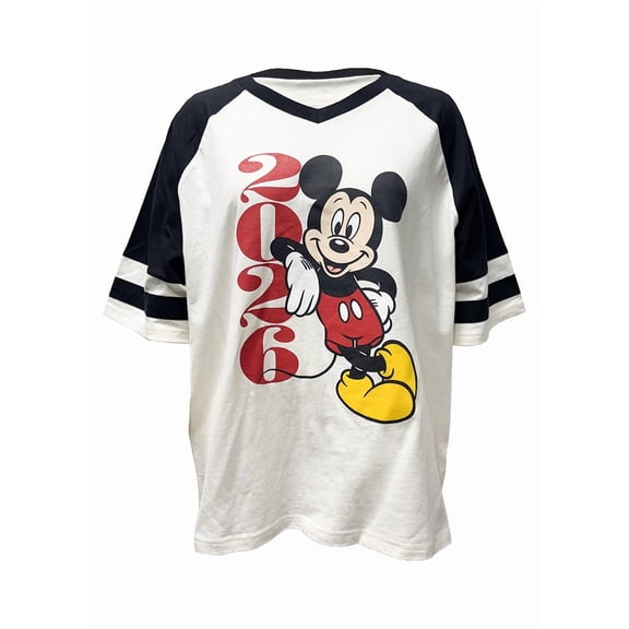 Disney Mickey Mouse 2026 Junior V-Neck Oversize Raglan Top, XS-XL (Women's)