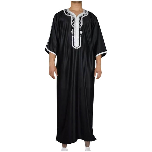RXIRUCGD Robe Musulmane pour Hommes Robe Arabe Longue Style Manches Longues Col Montant Brodé Chemise Longue Mode Décontractée, Noir, Taille : TG
