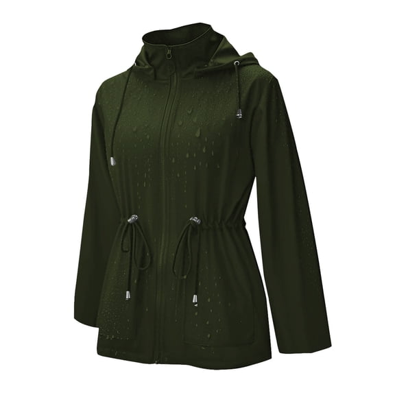 Uaswgudfs Women's Waterproof Hooded Jacket Long Sleeve Drawstring Waist Raincoat with Pockets, Lightweight Utility Outdoor Outerwear for Women, Stylish Rain Jacket for Hiking & Daily Army Green L