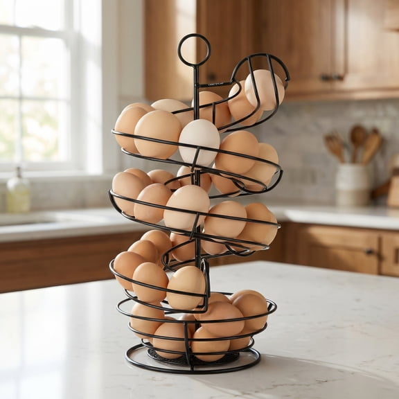Black Metal Egg Holder Countertop, Fresh Egg Skelter, Spiral Design Egg Dispenser Rack with Storage Basket for Kitchen
