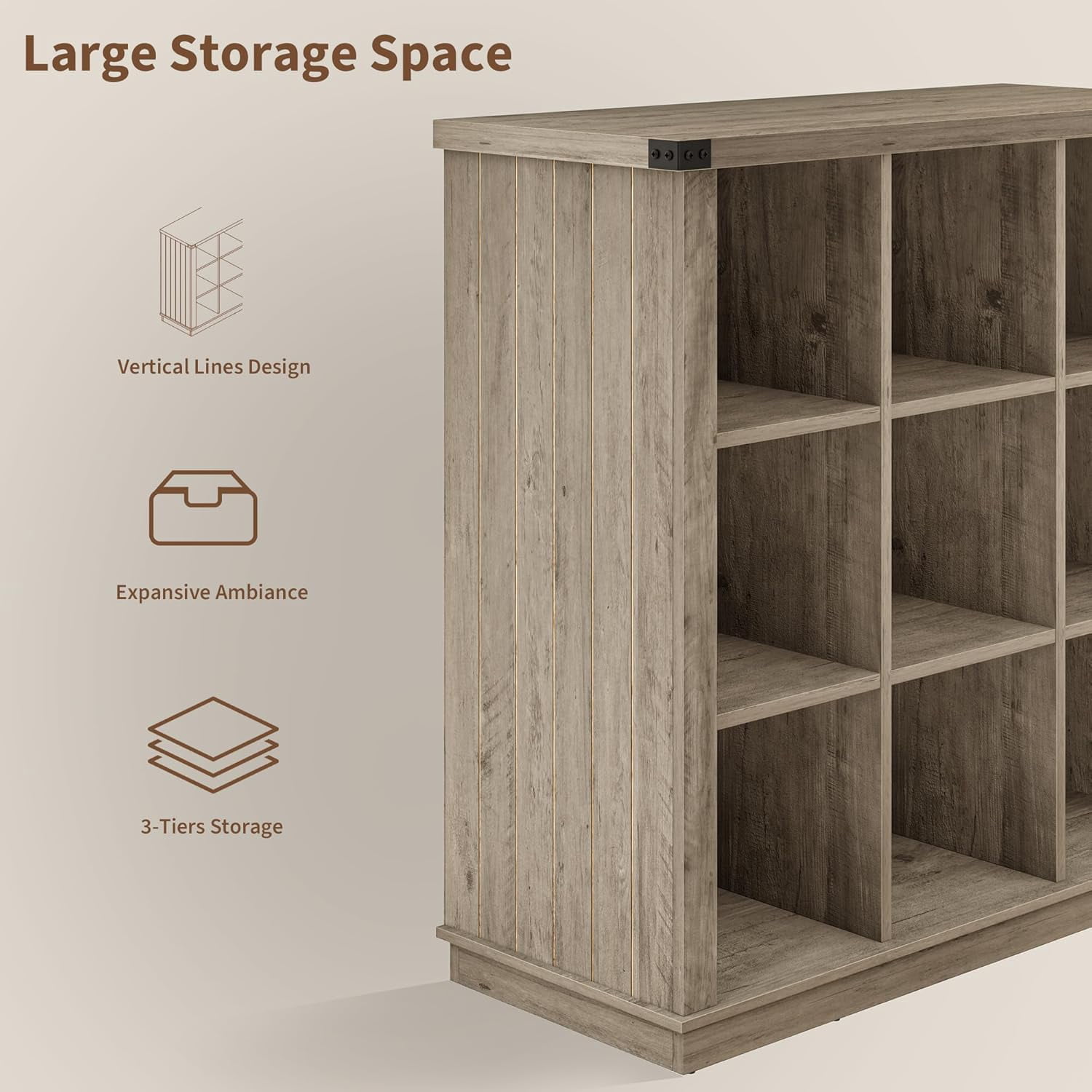 GarveeHome 9 Cube Storage Organizer Bookshelf, 37.4" Grey 4-Tier Farmhouse Bookcase, Long Low Wood Storage Shelf for Entryway & Living Room,Grey