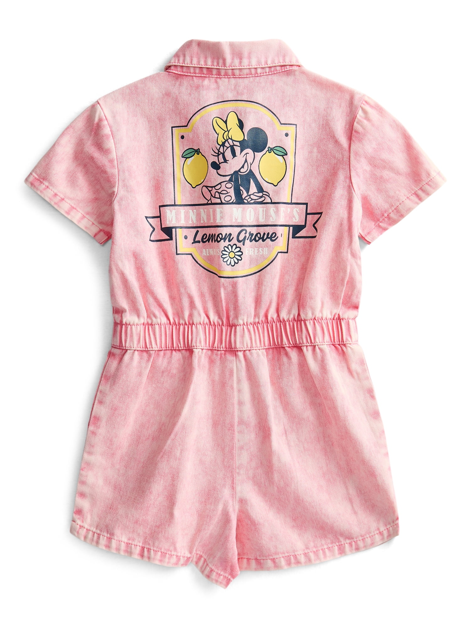 Minnie Mouse Toddler Girl s Short Sleeve Twill Romper with Front Back Graphics Sizes 12M 5T