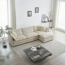Modern Oversized L-Shaped Sectional Sofa in Beige Chenille with Reversible Ottoman for Living Room