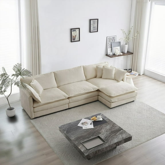 Modern Oversized L-Shaped Sectional Sofa in Beige Chenille with Reversible Ottoman for Living Room