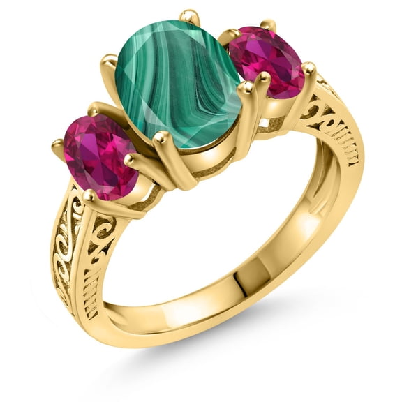 Gem Stone King 3.50 Ct Oval Green Malachite Red Created Ruby 18K Yellow Gold Plated Silver Ring (Size 6)